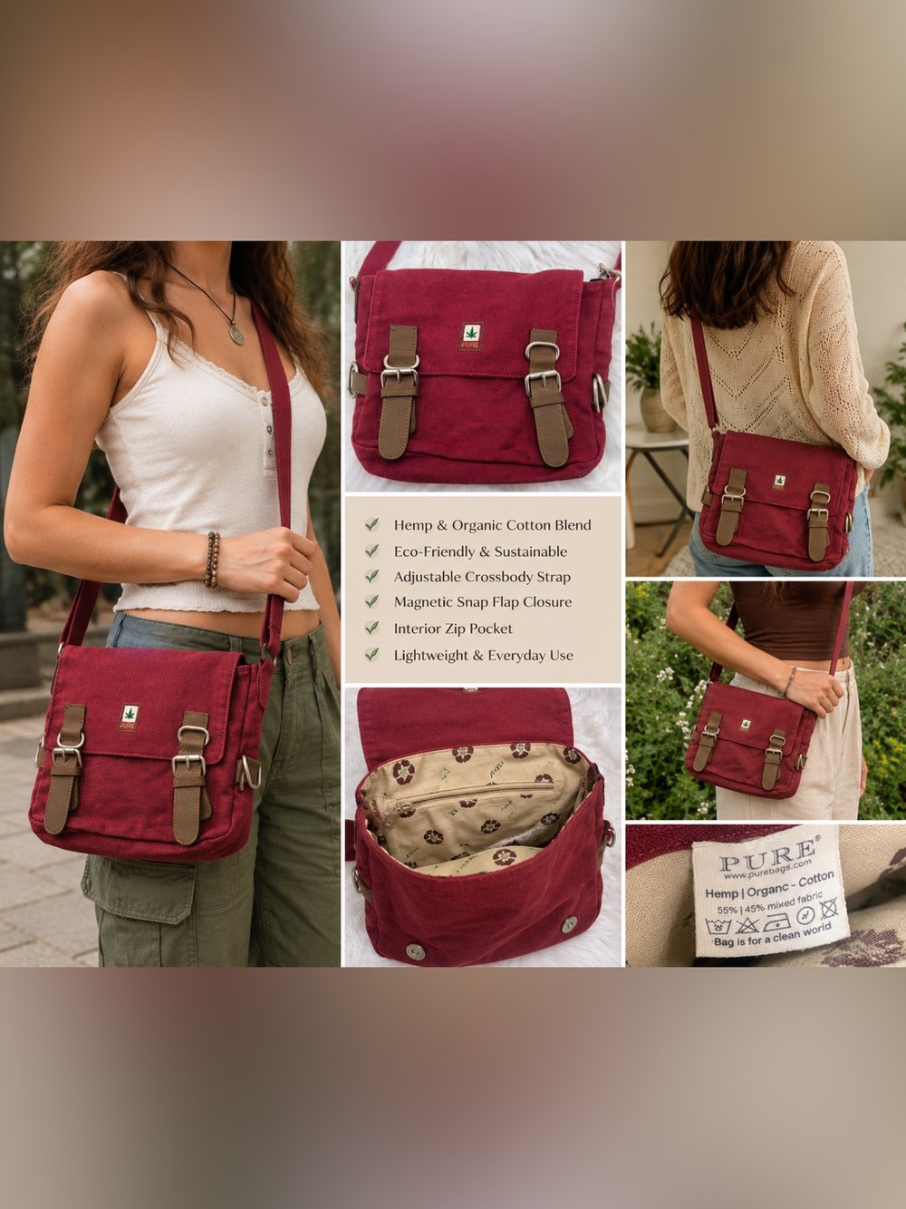 PURE Bags Hemp Organic Cotton Eco Friendly Crossbody Messenger Bag Burgundy
